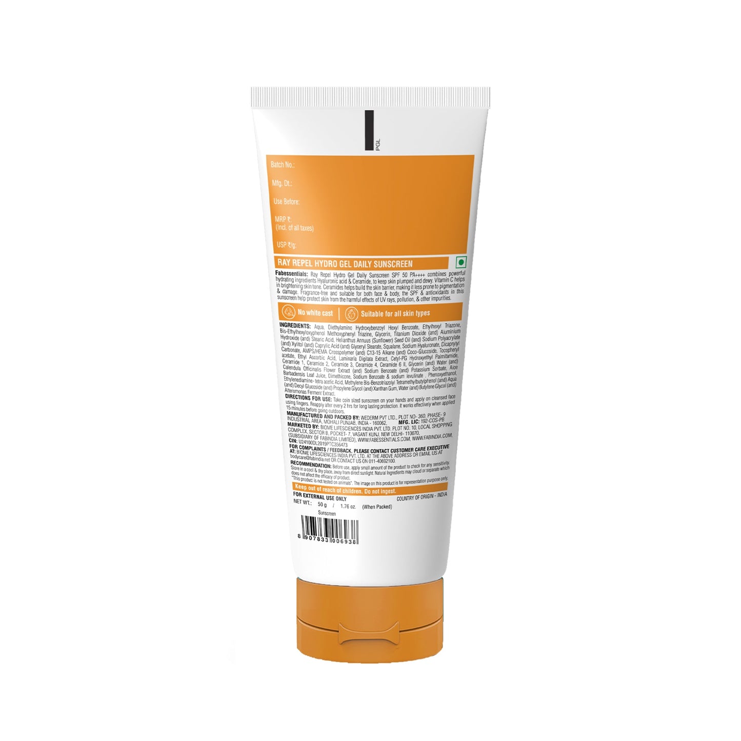 fabessentials Hyaluronic Acid & Vitamin C Ray Repel Hydro gel Daily Sunscreen SPF 50 PA++++ - 50g