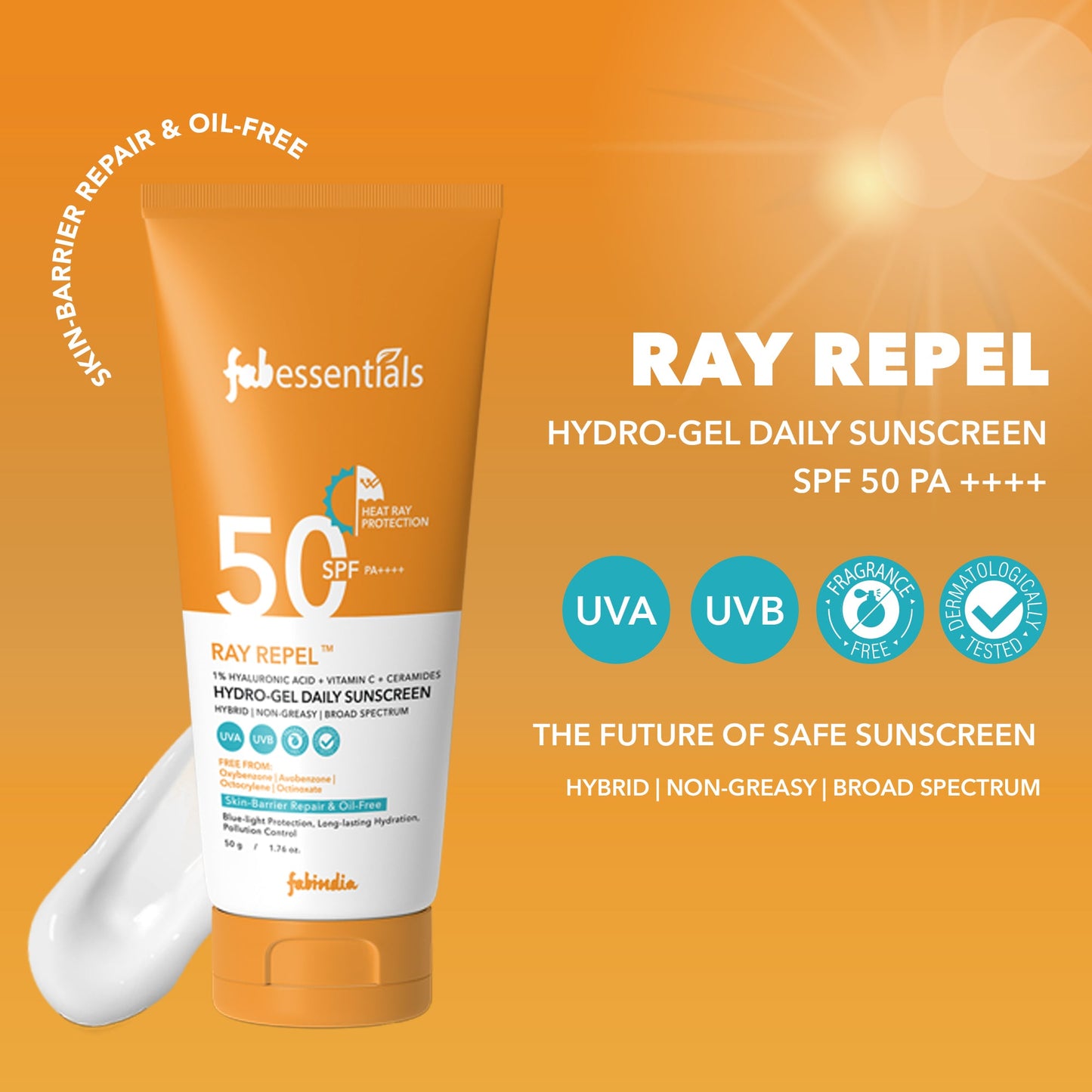 fabessentials Hyaluronic Acid & Vitamin C Ray Repel Hydro gel Daily Sunscreen SPF 50 PA++++ - 50g
