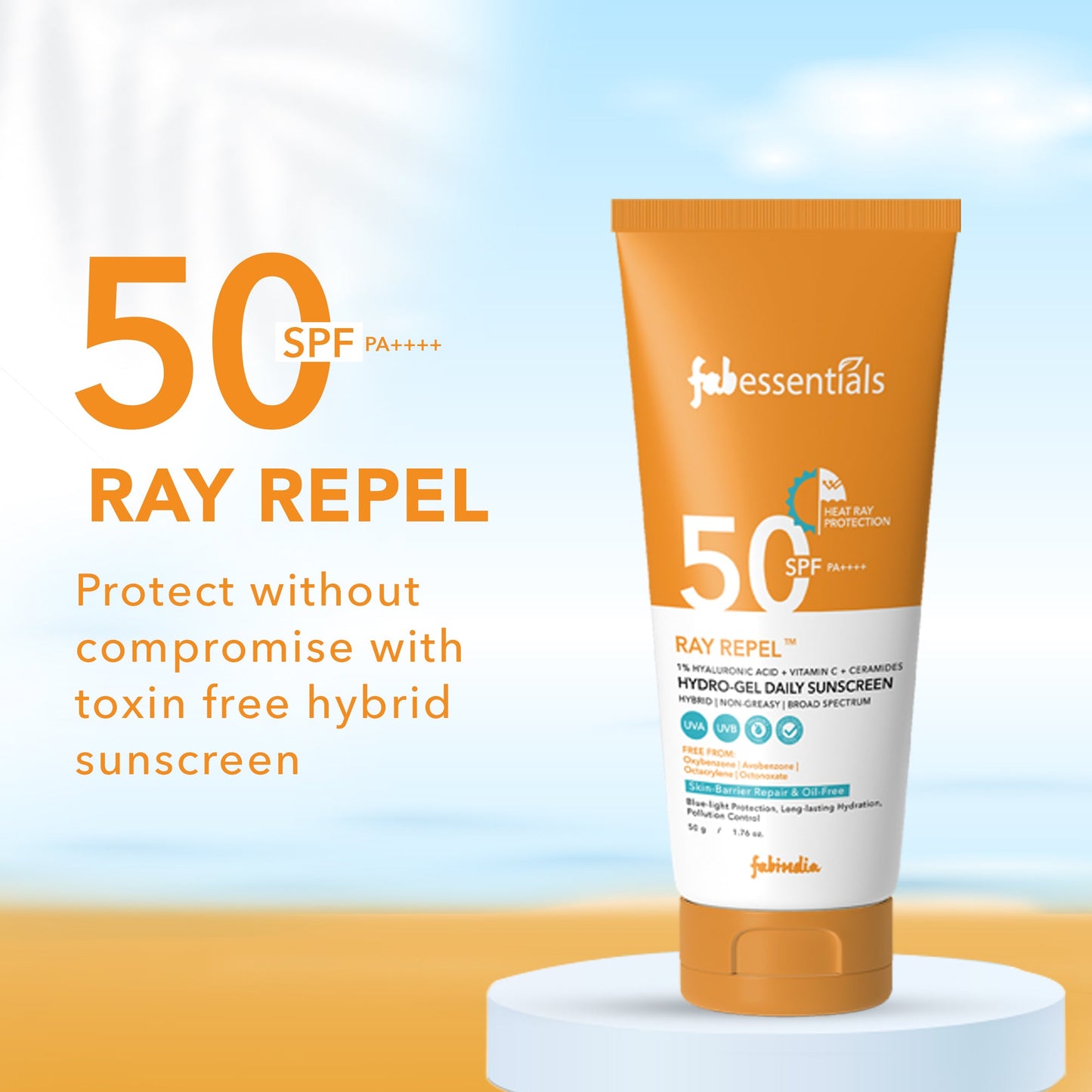 fabessentials Hyaluronic Acid & Vitamin C Ray Repel Hydro gel Daily Sunscreen SPF 50 PA++++ - 50g