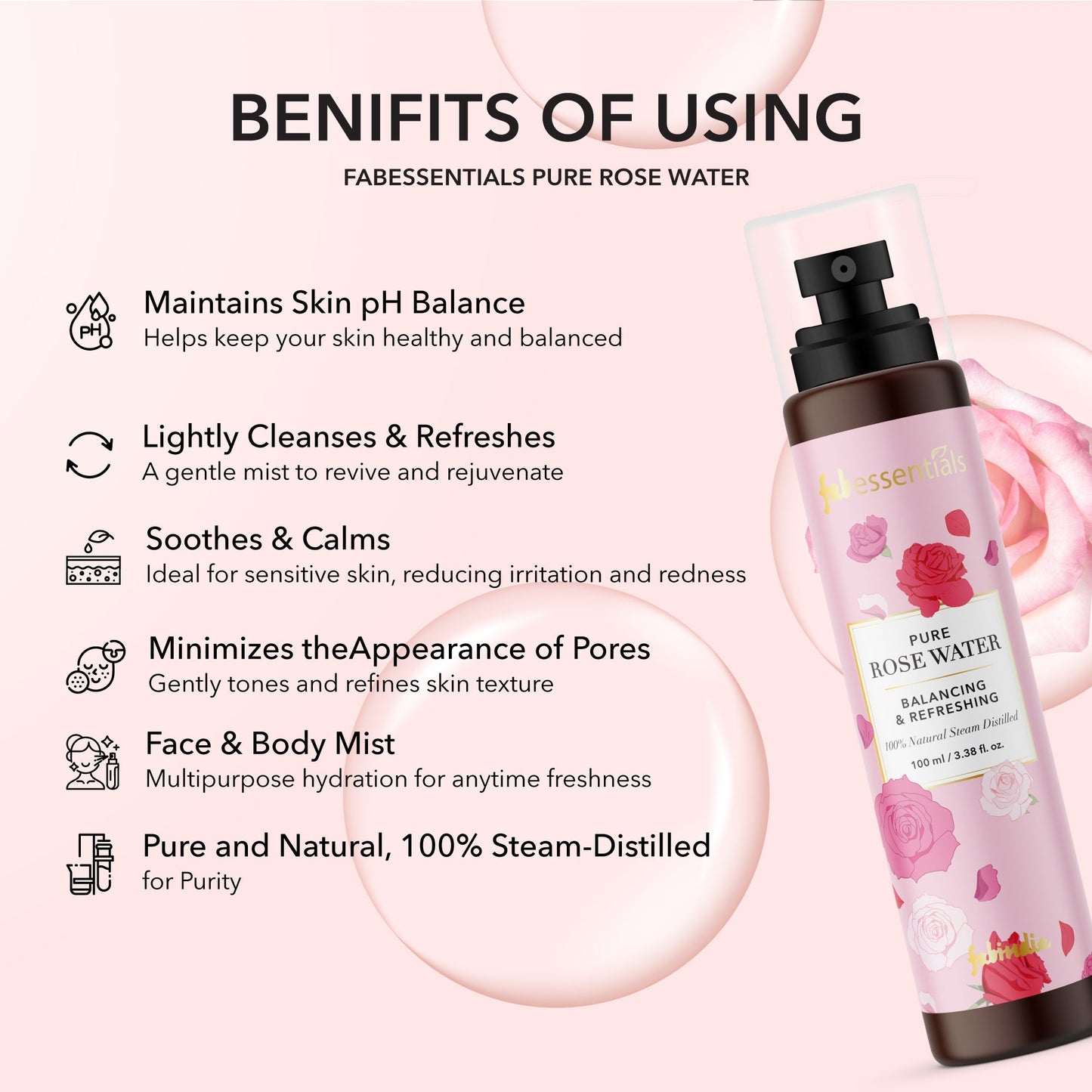 fabessentials Pure Rose Water 110ml | Alcohol-Free Face Toner or Face Mist