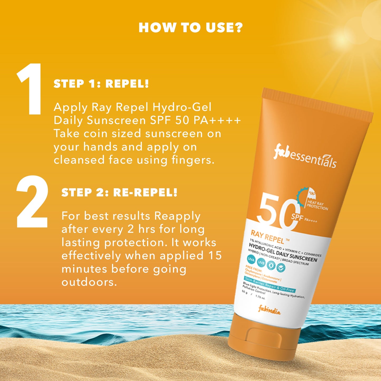 fabessentials Hyaluronic Acid & Vitamin C Ray Repel Hydro gel Daily Sunscreen SPF 50 PA++++ - 50g