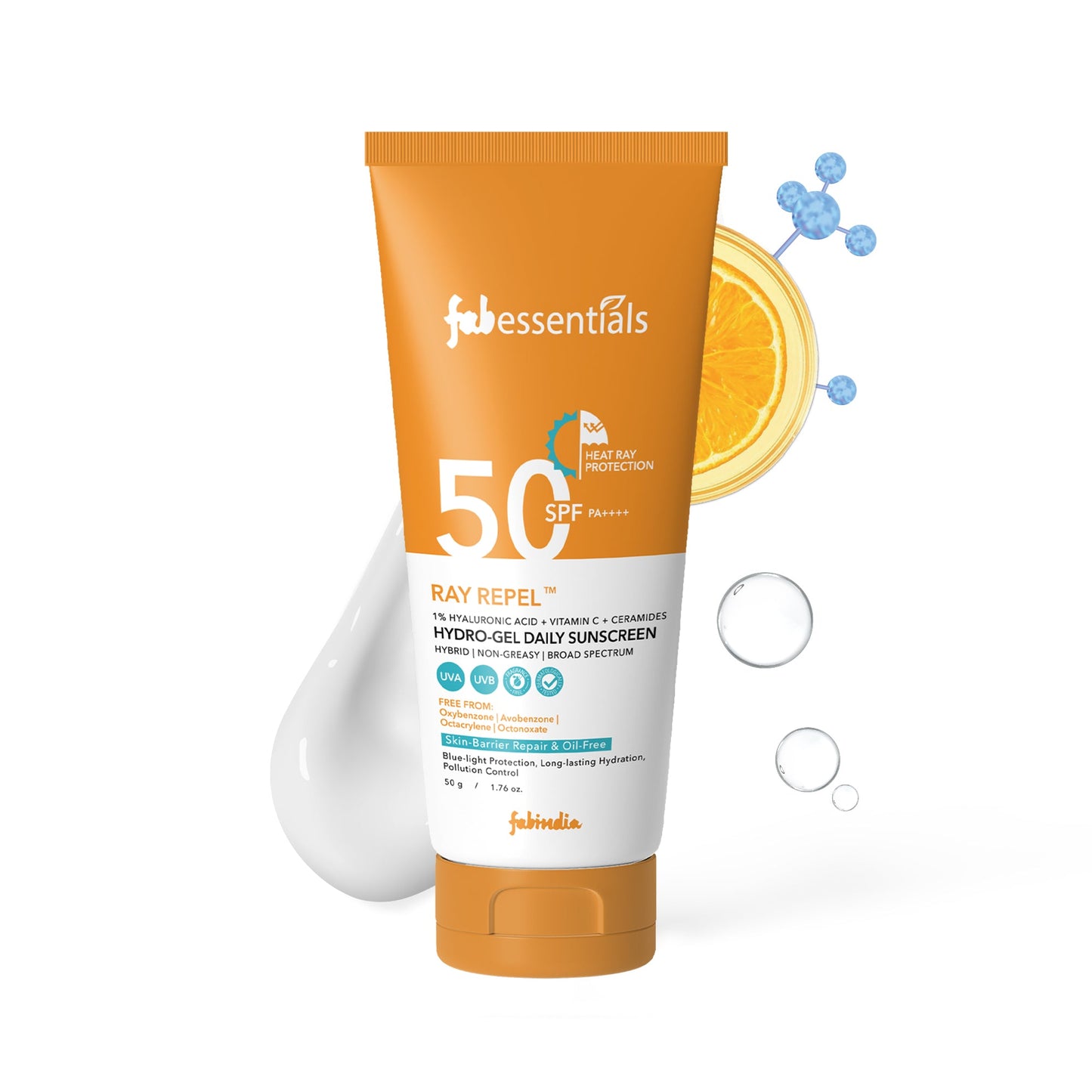 fabessentials Hyaluronic Acid & Vitamin C Ray Repel Hydro gel Daily Sunscreen SPF 50 PA++++ - 50g
