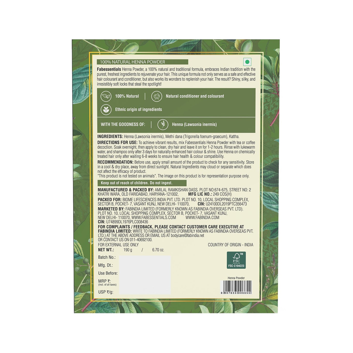 Fabessentials Natural Henna Powder 190 gm